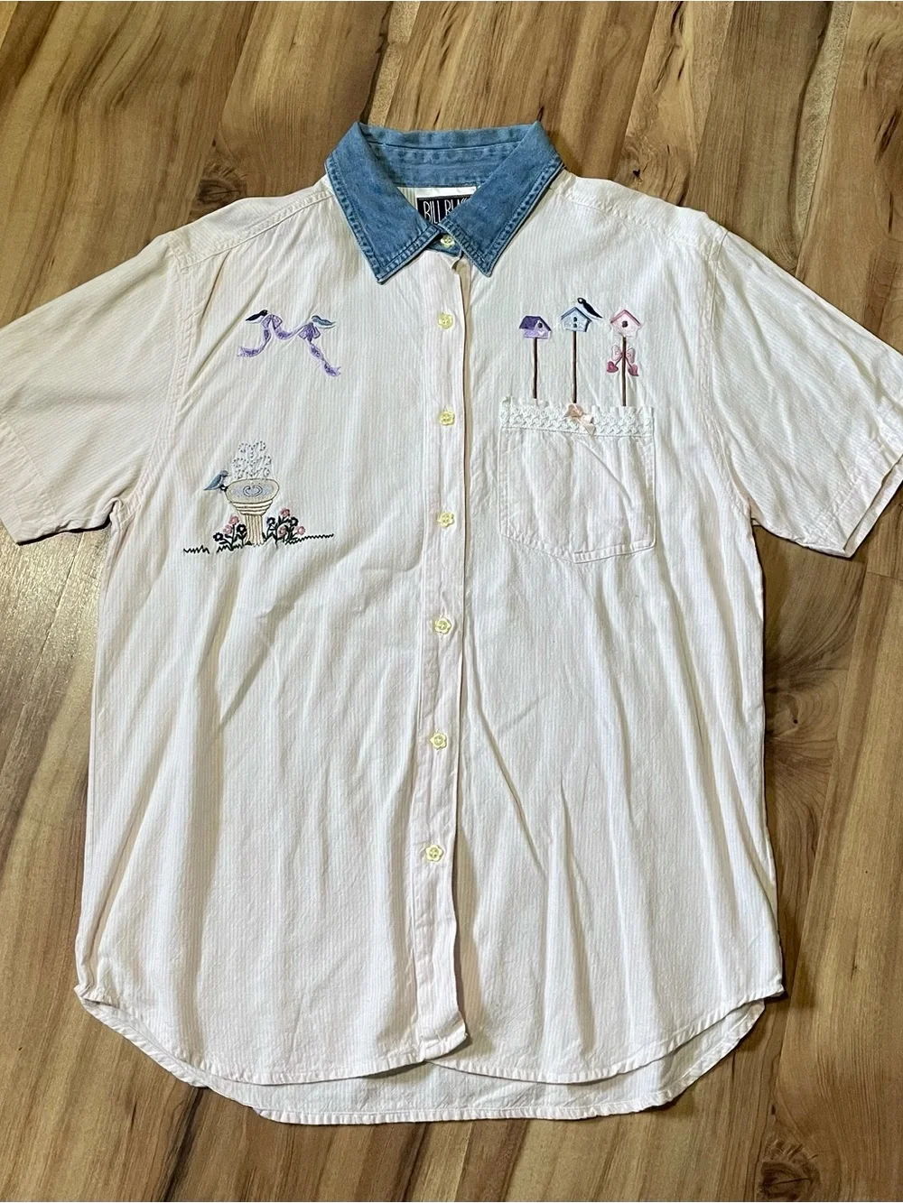 Vintage Bill Blass Cottagecore Garden Embroidered Shirt Denim Collar S